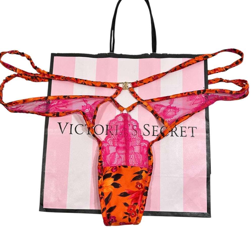 NWT Victoria's Secret Thong Panty Orange Floral Lace Gold‎ Accents Strappy M